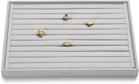 Jewelry Display Tray - Gray Microfiber Ring & Earring Organizer (13.8 x 9.4 Inches) - for Home or Store Use