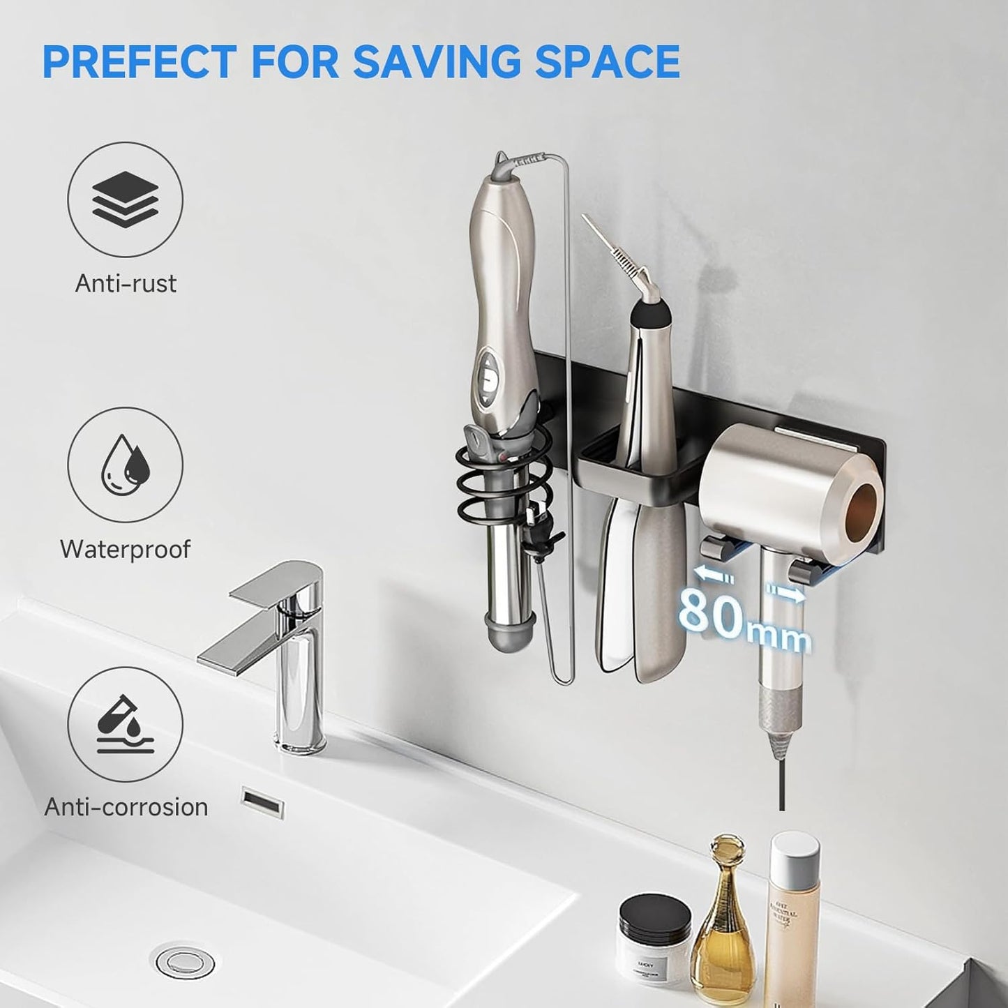 Hair Dryer Holder Wall Mounted,Blow Dryer, Curling Iron, Straightener Holder 3 in 1 Bathroom Metal Hair Tool Organizer Rack-BLACK-2