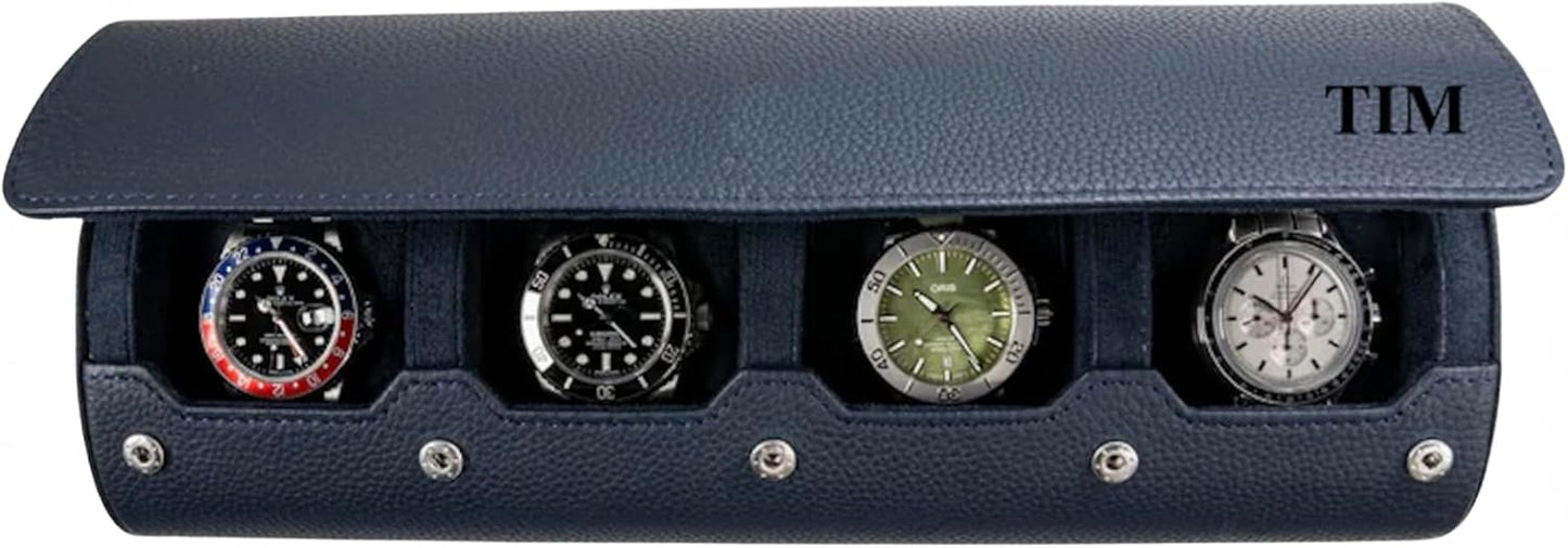 DailyWatch | Personalized Watch Roll Travel Case For 4 Watches - Handmade Genuine Leather Travel Case With Custom Engraving of Name or Initials - Navy Blue