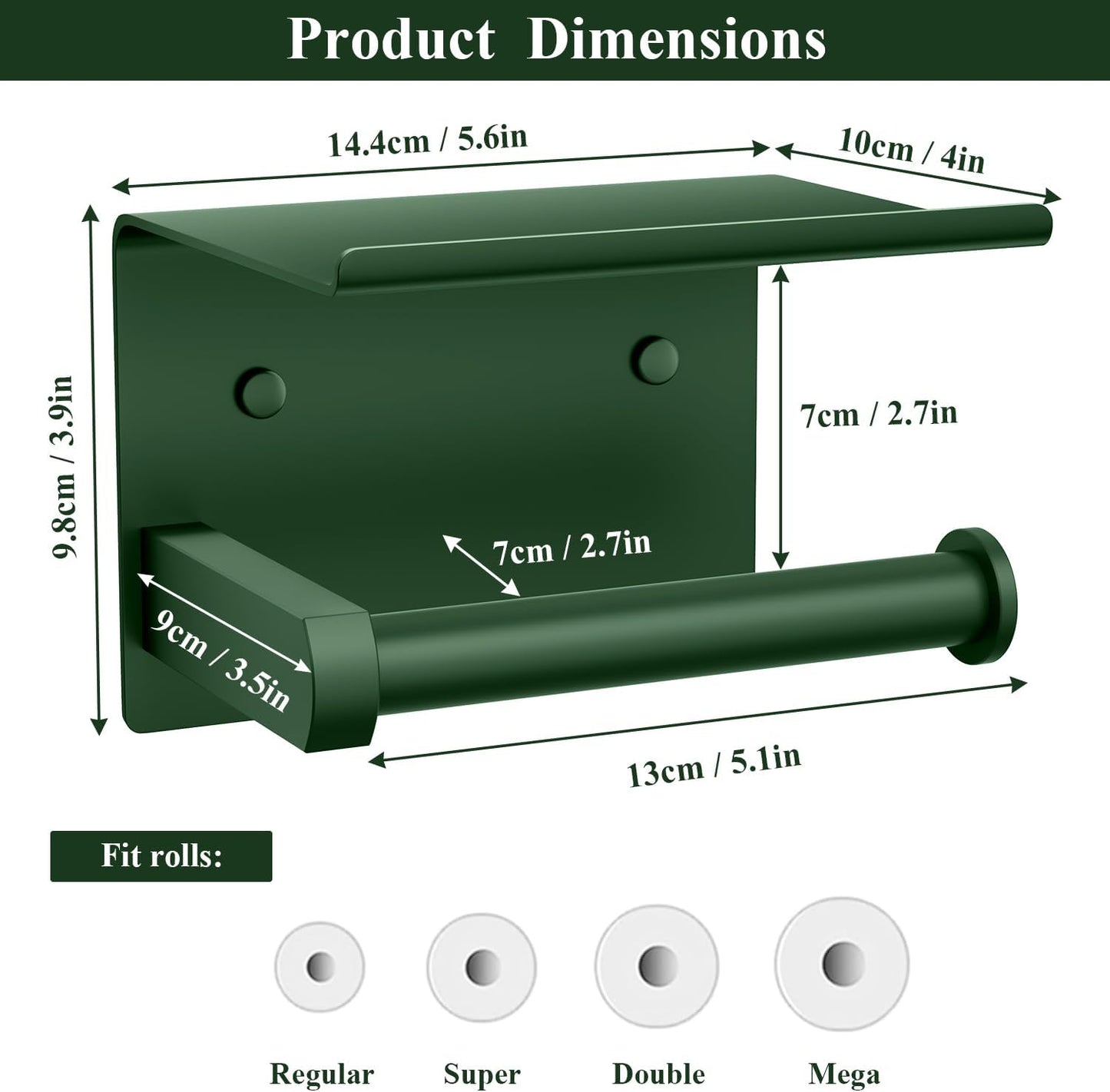 Tindbea Toilet Paper Holder with Shelf Adhesive or Screw Wall Mounted Toilet Paper Roll Dispenser Storage, Stainless Steel Bathroom Shelf Holder Accessories (Forest Green)