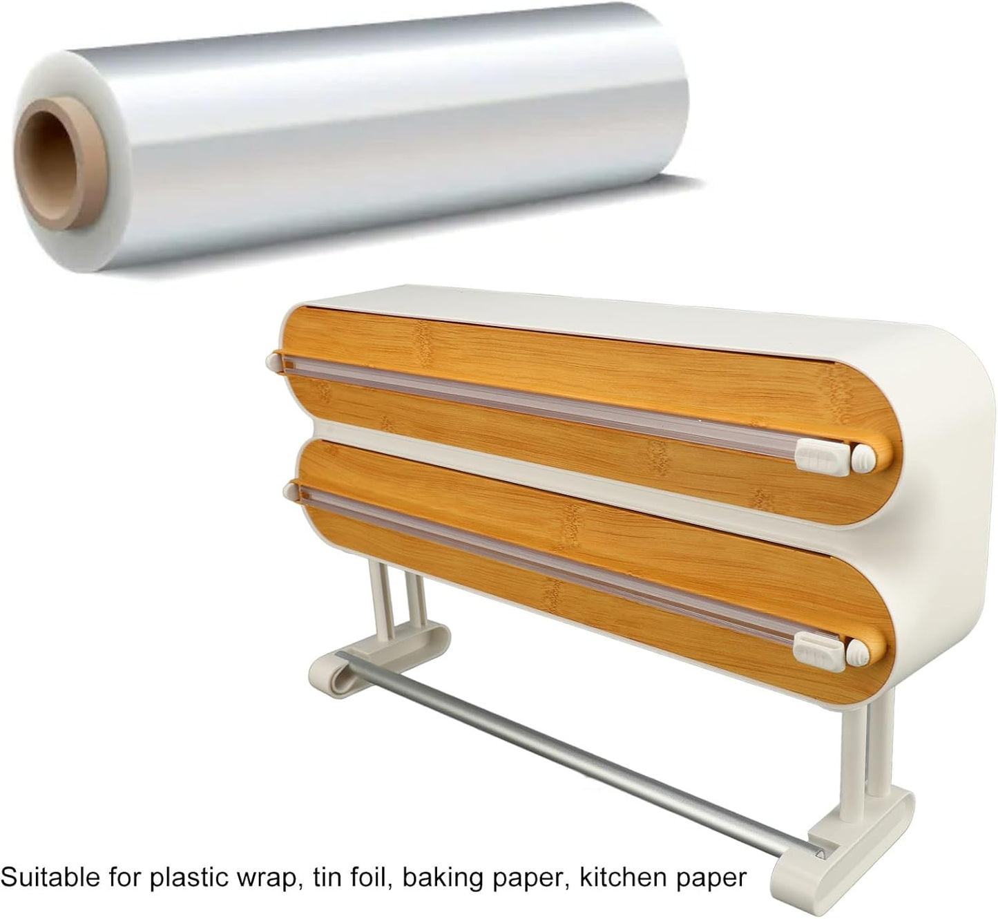 3 in 1 Plastic Wrap Dispenser, Wall Mounted Magnetic Kitchen Organizer with 2 Slots and Hidden Blades, for Aluminum Foil Wax Paper Cling Wrap Storage
