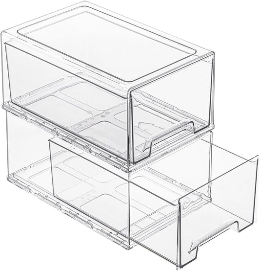 2 Pack Stackable Pull-Out Storage Drawers，Plastic Clear Organizer Bins with Handles，Easily Clean for Undersink，Cabinet，Fridge，Closet，Pantry，Office，Bathroom