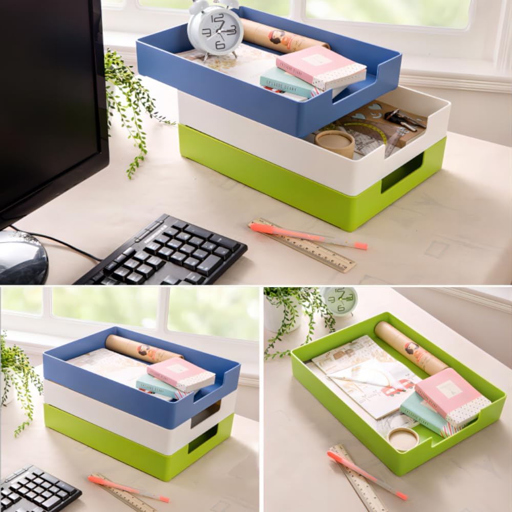 Desk Letter Tray, 2 PCS A4 Size Plastic Stackable File Document Organizer, Office Desktop File Paper Holder, Anti-Skid Stacking Support for Office Supplies (2X White)