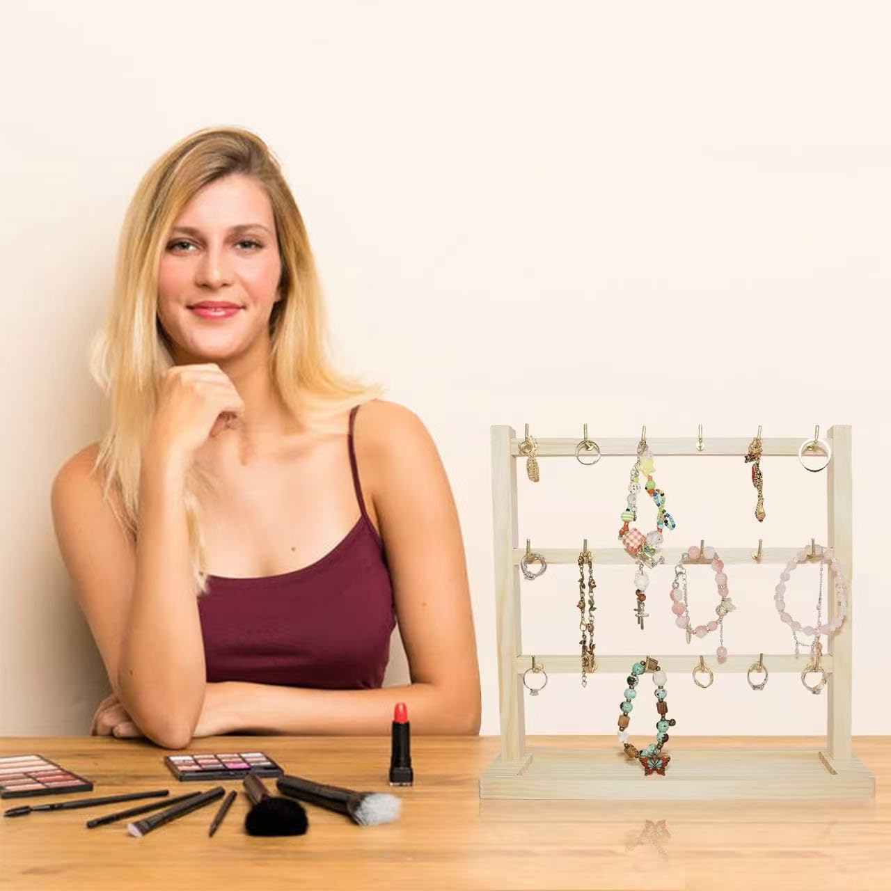 3 Layers of Wooden Display Eacks With Hooks for Necklaces. Rings, Earrings, Bracelets, And Other Jewelry Storage Display Rack