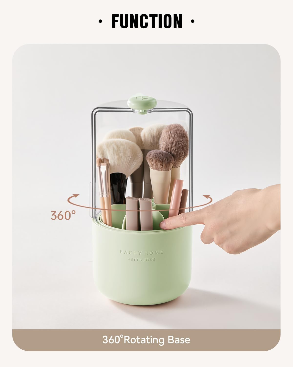 EACHY Makeup Brush Holder 360° Rotating with Dustproof Lid, Waterproof Material, 7 Compartments for Organized Storage, Stylish and Durable Design for Vanity (Green)