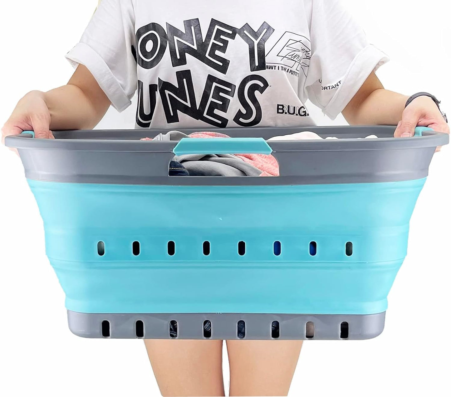 SAMMART 42L (11 gallon) Collapsible Plastic Laundry Basket - Foldable Pop Up Storage Container/Organizer - Space Saving Hamper/Basket (Grey/Crystal Blue)