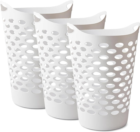 2.2 BUSHEL Flexible Laundry Basket,Tall plastic hamper for Clothes, Bedroom, and Storage - Portable Round Bin with Carry Handles 17.75" x 17.25" x 26", White,Black,3 pack (White)