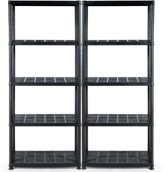 IRONMAX 5-Tier Plastic Storage Shelves, Multi-Purpose Display Shelf Rack, Light Duty Storage Shelving Unit for Laundry Pantry Closet, Black (2, 28“L X 15”W X 67“H)