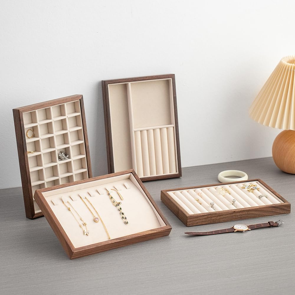 Black Walnut Wooden Jewelry Tray Organizer with Velvet Lining - Jewelry Storage & Display Tray for Rings, Earrings, Bracelets, Watches - Multi-Functional Drawer Organizer (1 Grid + 5 Line)