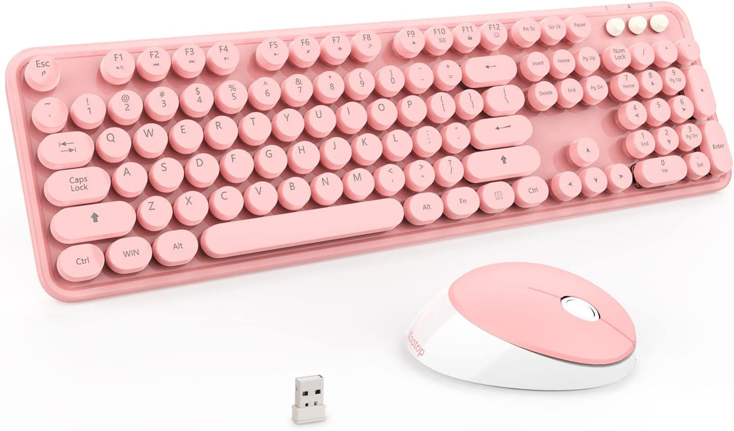 Wireless Keyboard,KOOTOP Cute Colorful 104 Keys Typewriter Retro Round Keycaps Keyboard for PC Laptop,Desktop,Windows, Home and Office Keyboards (Pink)