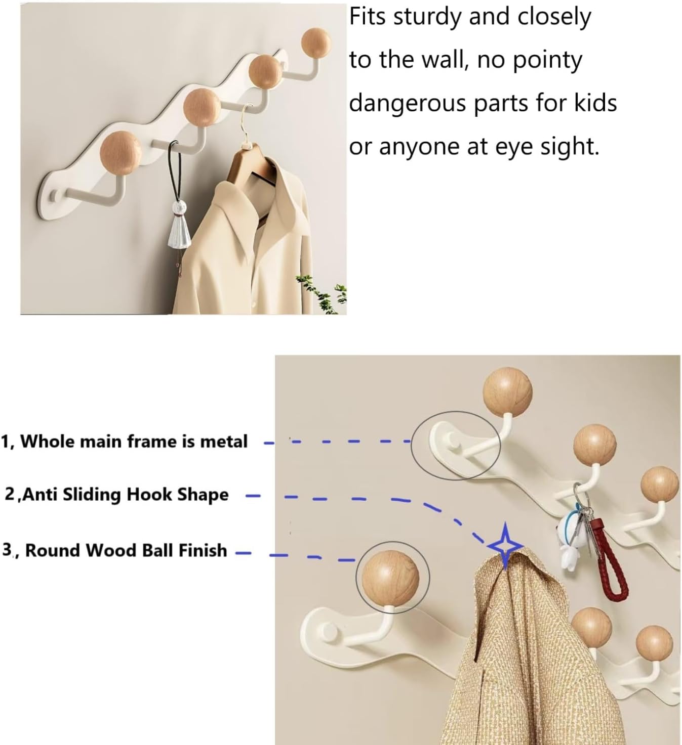 Coat Rack Wall Mount,White Wall Hooks Adhesive & Screw in,Anti-Tear Wooden Ball Hook Rail, Heavy Duty Metal Coat Hanger Wall Mount for Entryway, Bathroom, Bedroom, Kitchen2PACK (5-tri Hooks)