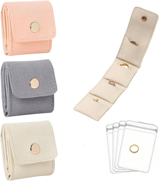 Mini Travel Jewelry Bag,Mini Jewelry Pouch,Protable travel Jewelry Storage Organizer Case,Small Jewelry Storage Roll with Buckle for Earrings,Rings,Necklaces (Pink+Gray+Off-white, 3Pcs)
