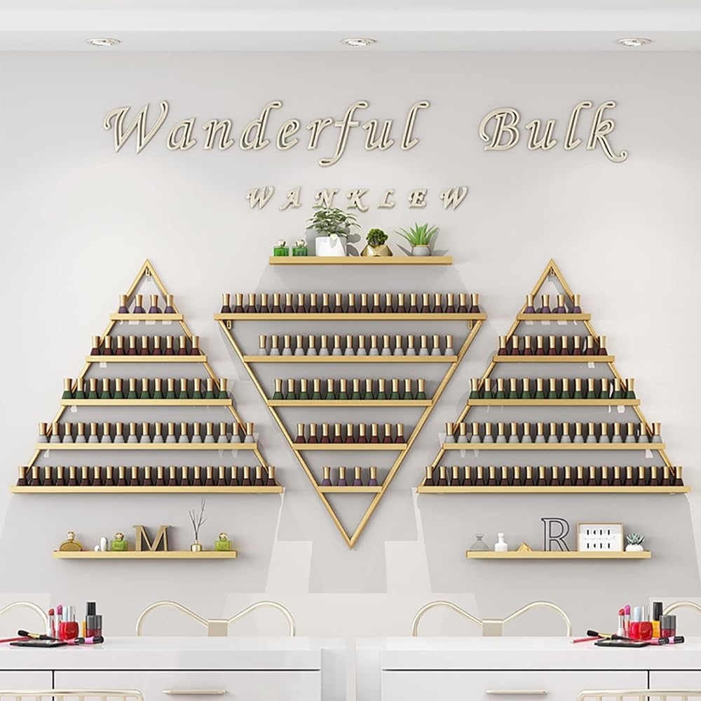 Wall Mounted Shelf Nail Polish Bottle Display Rack, Triangular Essential Oil Perfume Storage Rack, Multifunctional Hanging Salon/Beauty/Nail Shop Organizer Perfume Holder(Size:6,Color:Gold)