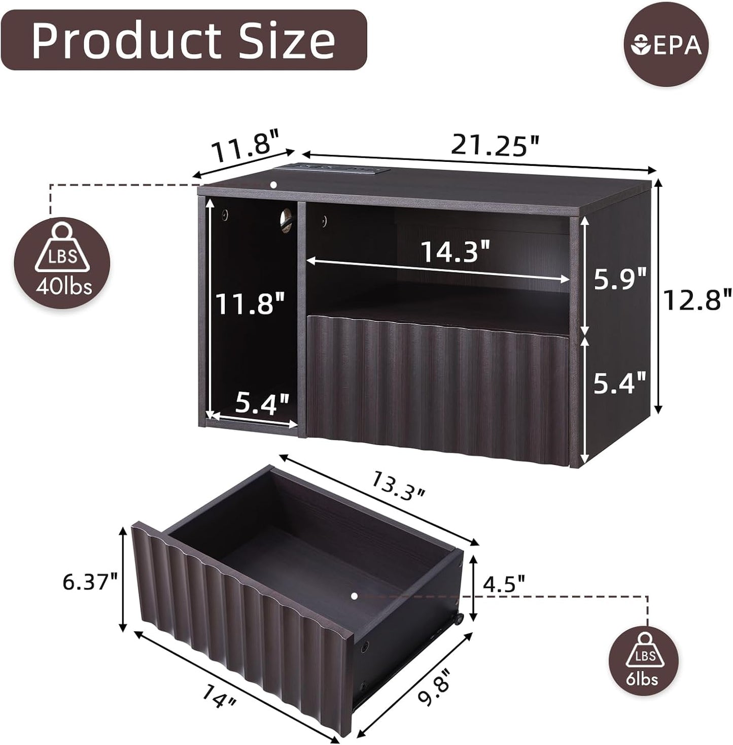 Modern Espresso Fluted Floating Nightstand with Charging Station, NightStand with Drawers, Bedside with USB Ports and Outlets, Bedroom Furniture (Left)