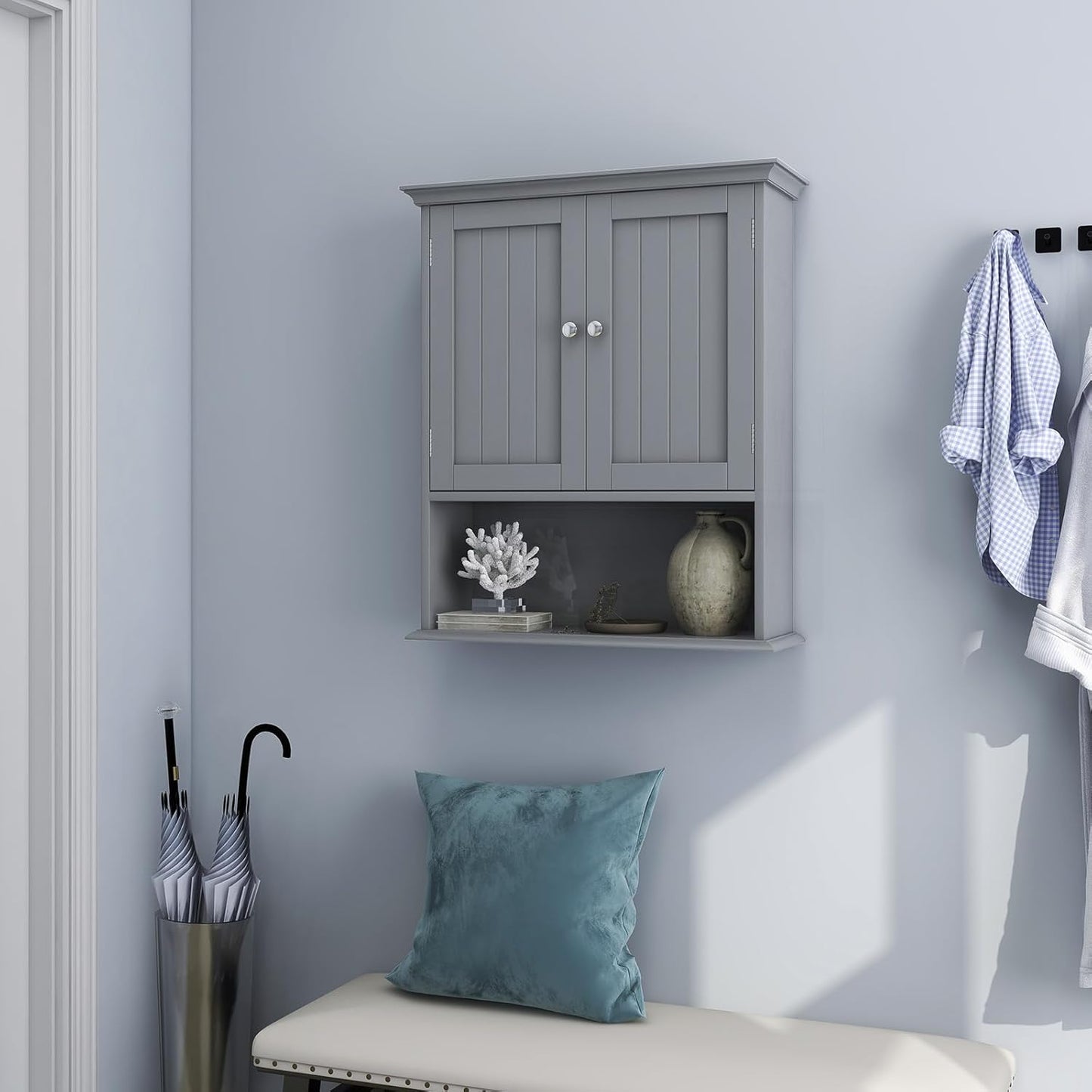 Tangkula Bathroom Wall Cabinet, Wooden Hanging Cabinet with Doors & Shelves, Multipurpose Storage Cabinet for Restroom Kitchen Living Room, Wall Mounted Bathroom Medicine Cabinet (Grey)
