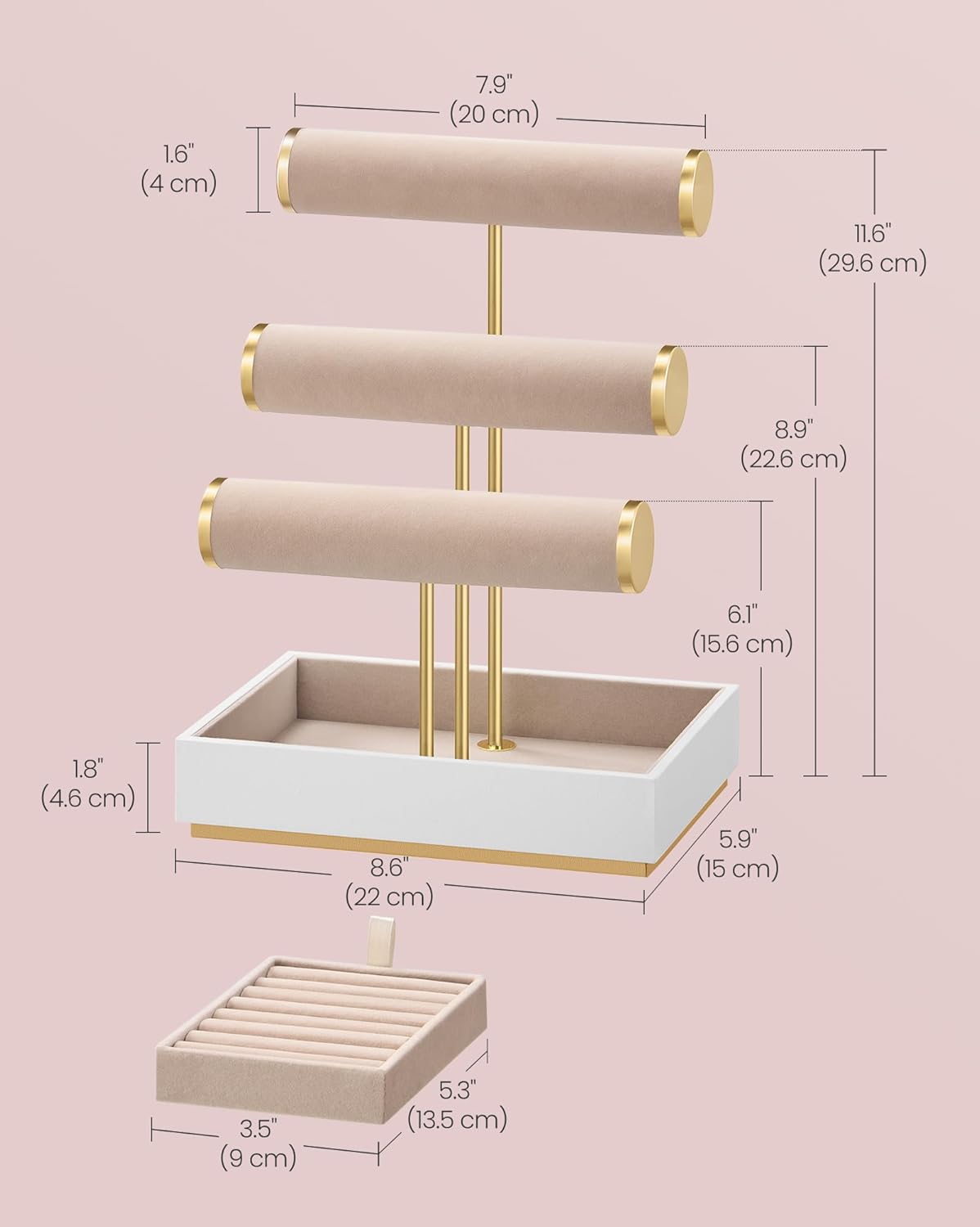 SONGMICS Bracelet Holder Stand, Jewelry Display Stand, Jewelry Organizer, with 3 Tiers and Velvet Tray, Removable Ring Holder, Christmas Gift, Cloud White and Camel Brown UJJS027A01