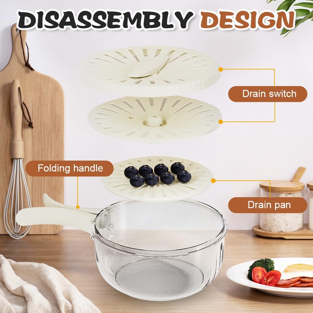 Multi-Functional Fruit and Vegetable Washing Bowl, Fruit Strainer Container with Lid, 2 In 1 Sealed Drainer Basket, Drainer and Freshness Basket, Kitchen Tool with Foldable Handle (Brown 2pcs)