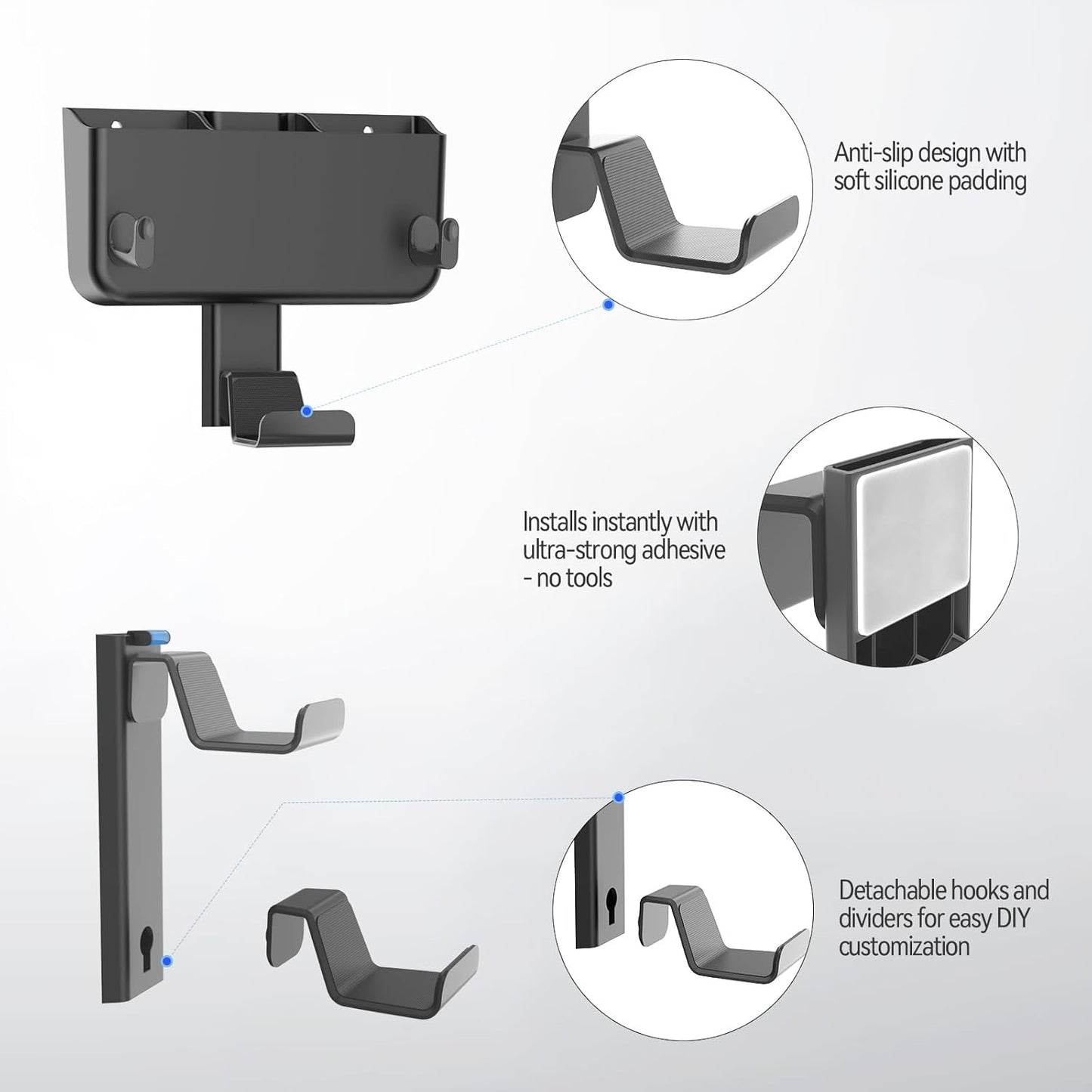 Controller & Headset & Remote Holder Wall Mount with No Drill, 2 Packs Gaming 4 Controllers Hanger Hook Mount for PS5/PS4/XBOX/Switch, Headphone Stand & Remote Control Holer Wall Shelf with Adhesives