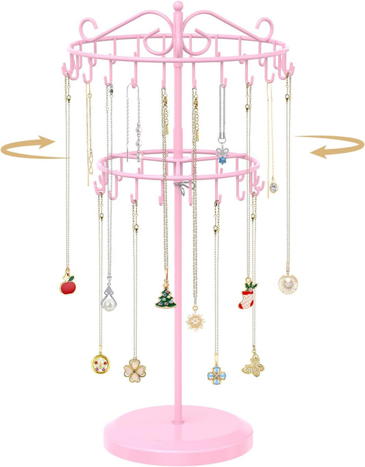 MODOWEY Rotating Necklace Holder Organizer Display Stand with 42 Hooks, 2 Tier Adjustable Metal Tree for Long Necklace Hanger Selling, Tall Spinning Bracelet Storage Rack for Men Women, Pink