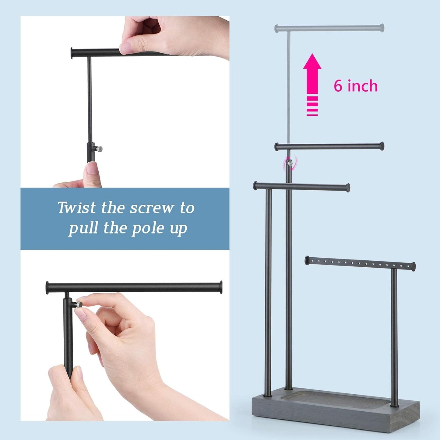 SRIWATANA Jewelry Organizer Display Extra Tall Necklace Holder 3 Tier Jewelry Tree Stand, Gift Idea (Weathered Grey & Black)