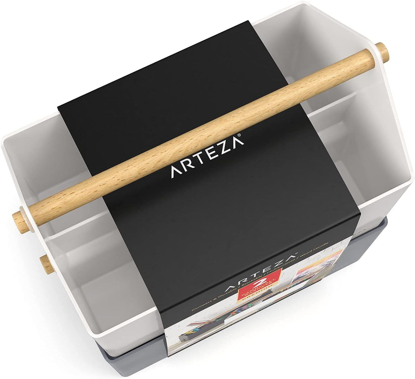 ARTEZA Plastic Portable Craft Storage Organizer, Pack of 2, Gray and Ivory, 3-Sectioned Plastic Basket with Handle, Caddy Organizer