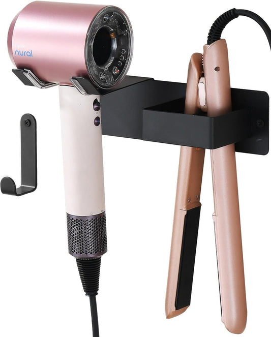 Hair Dryer and Straightener Holder, Upgraded Hair Straightener Holder with Cable Hook, Stainless Steel Universal Hairdryer Holder Wall Mounted Waterproof for Bathroom Space-Saving Black PTALSEAW