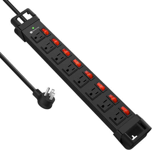 Heavy Duty Power Strip with Individual Switches,8 Outlets 14 Gauge Industrial Shop Garage Metal Multiple Outlets,1200J Surge Protector Mountable Power Strip,6FT Extension Cord Management(Black)