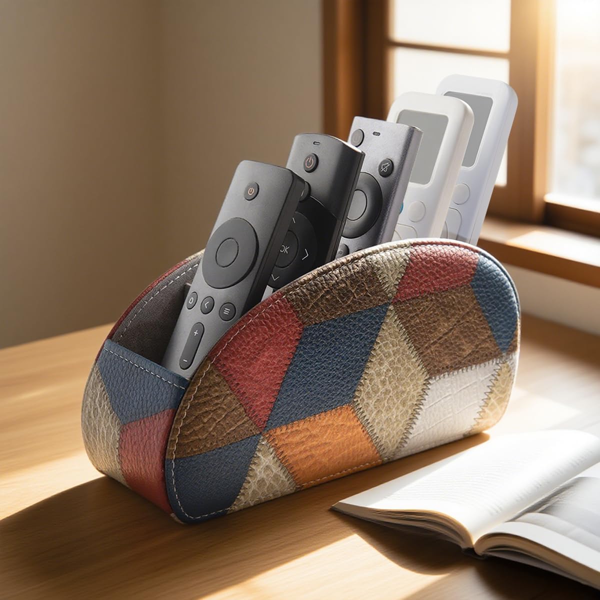 Remote Control Holder with 5 Compartments, PU Leather Remote Holder Compatible with Fire TV Remotes, Media Player Remotes, Heater Controllers, and Air Conditioner Remote Controls(Lattice Pattern)