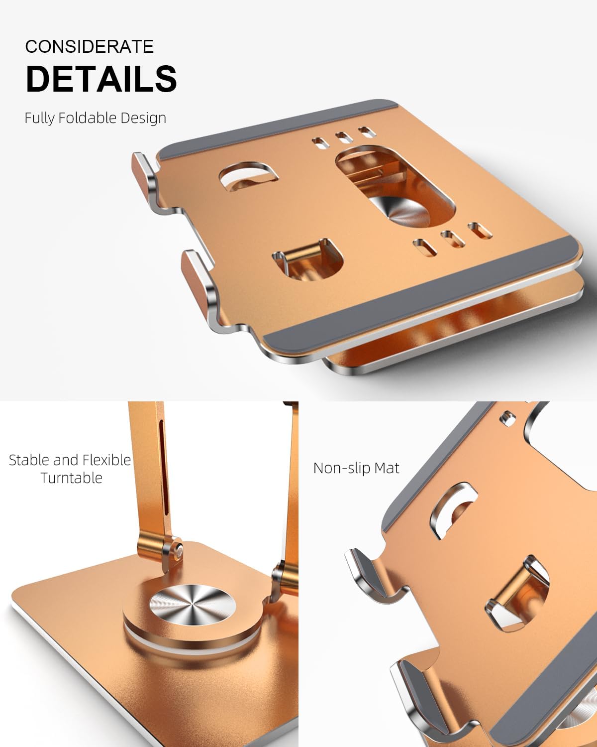 Tablet Stand Holder with Thickened 360°Rotating Base Dual Rod Adjustable Aluminum Stand for All 5.8-12.9” iPad Samsung Phone Tablet Kindle E-Reader and More, Rose