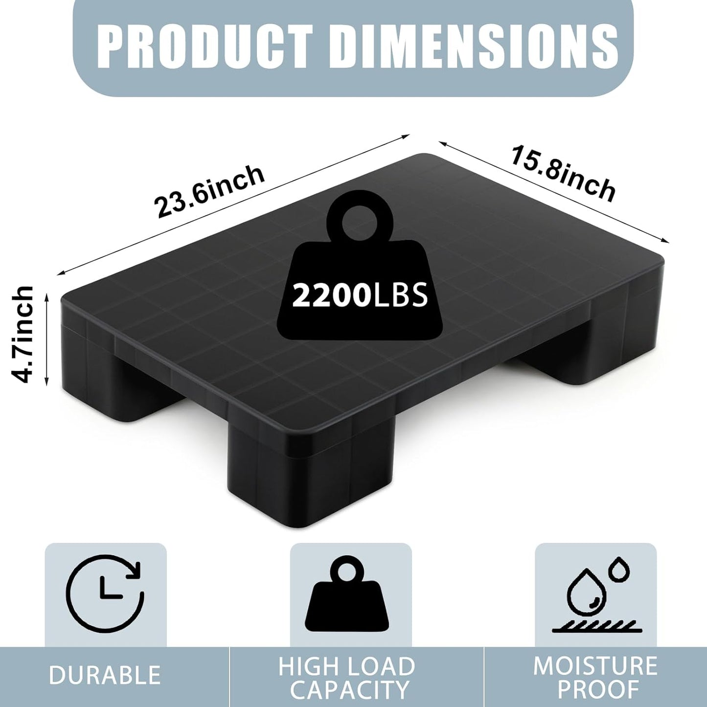 2 Pcs Plastic Pallet for Basement Storage Easy Stack Lightweight Floor Pallet Display Flooring Room Supermarket Christmas, Support up to 2000 Lbs (23'' L X 16'' W X 4.7'' H,Black)