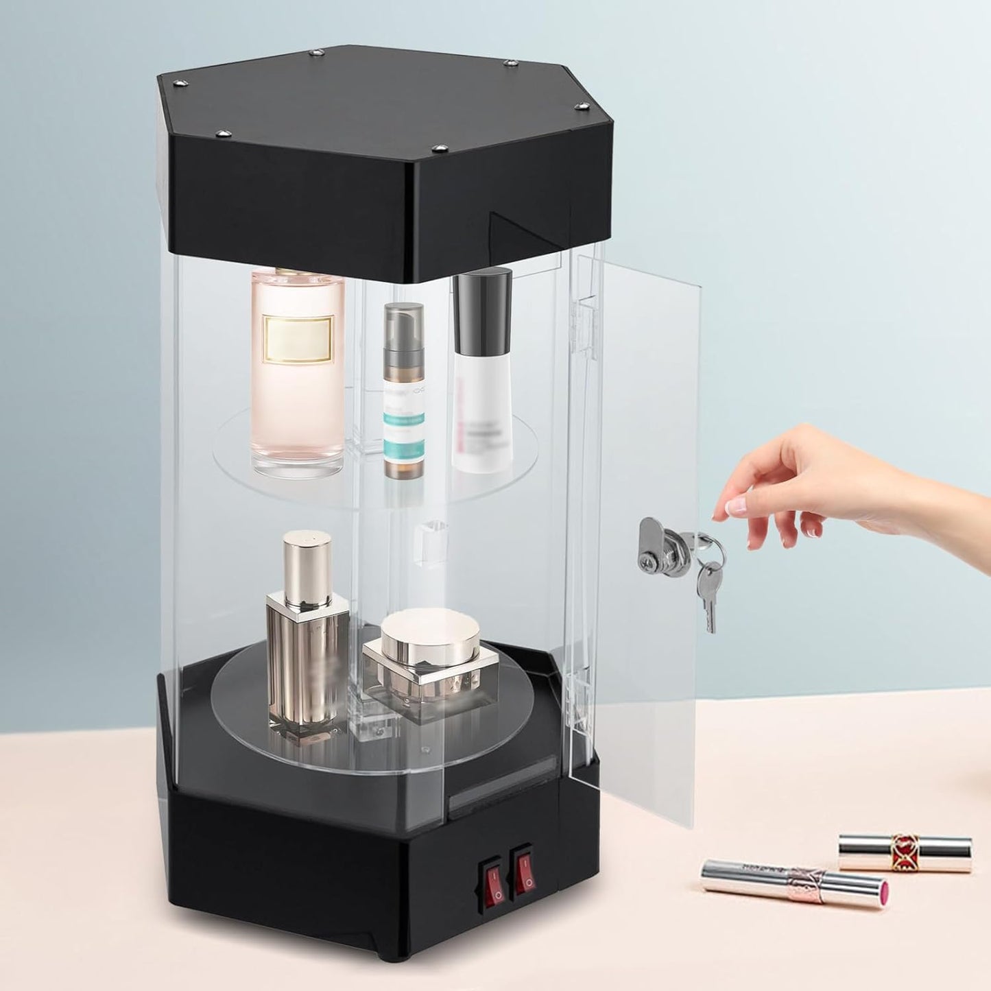 LED Electric Rotating Acrylic Display Case, Jewelry Display Case, Free Standing Electric Rotating Display Case with Lock and Keys for Cosmetics Jewelry Watch Sunglasses White/Balck (Black)