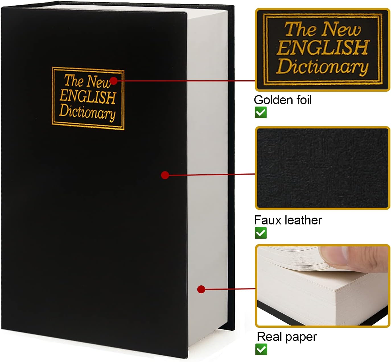 Leather Book Safe (Size 8.7"×6"×2") Real Paper Secret for Jewelry, Money and Cash, Diversion Book Safe,Hollow with Hidden,Combination Lock (M, Black-Combination)