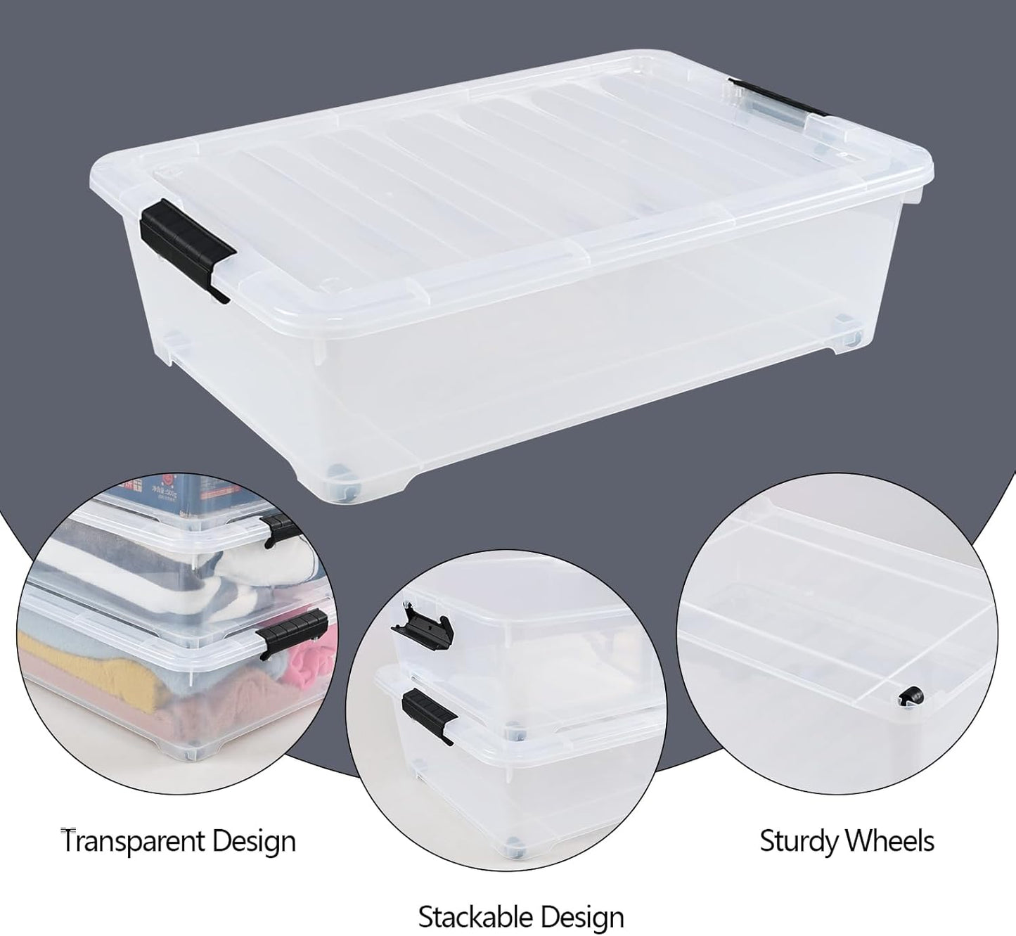 3-Pack 20 Quart Plastic Wheeled Latching Storage Boxes, Stackable Underbed Organizer Bins with Lid, Clear