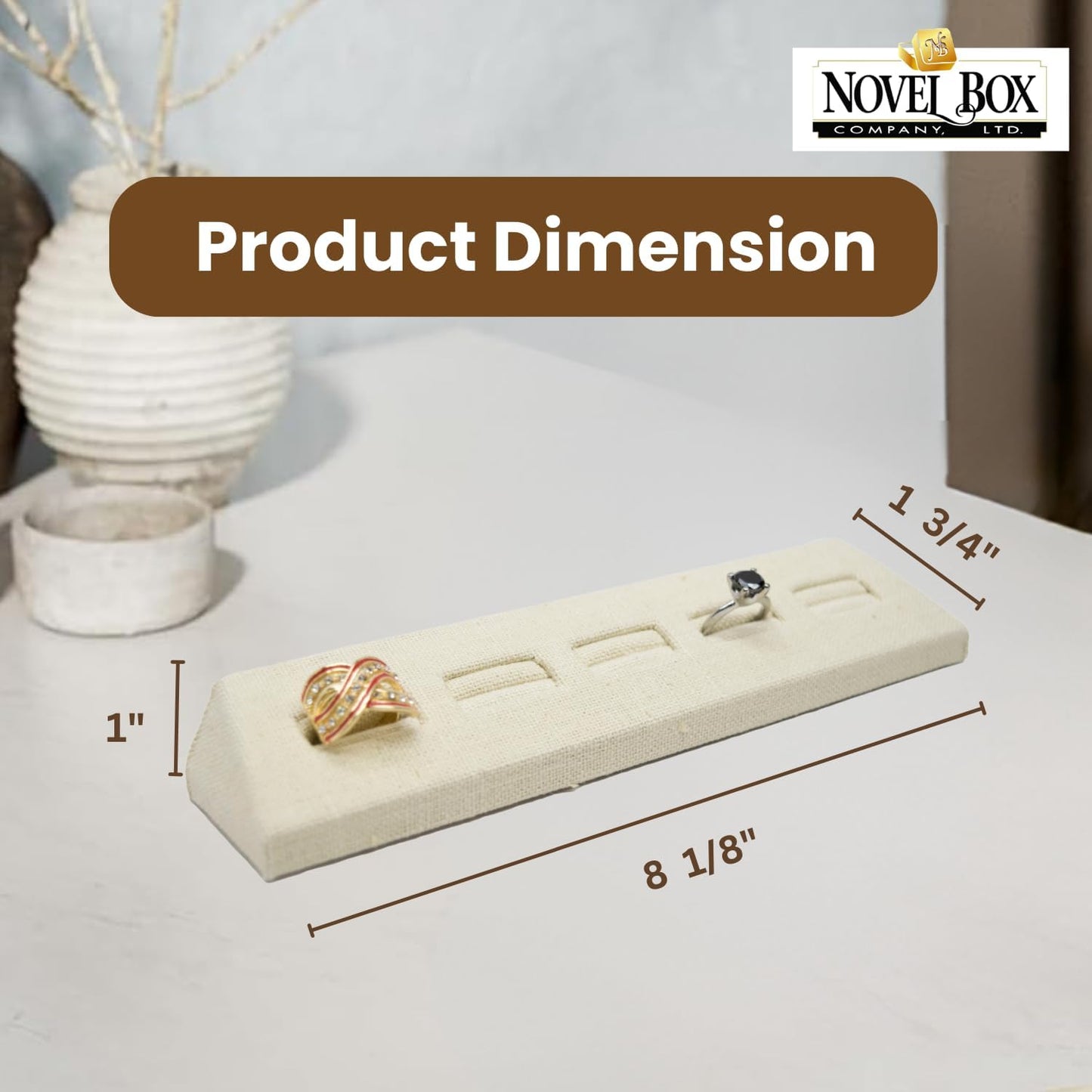 Novel Box 5-Slot Beige Linen Rings/Earrings/Cufflinks Holder Tray 8.12x1.75x1 Inches - Ring Holder Organizer for Selling or Personal Use - Jewelry Display Trays for Special Occasions