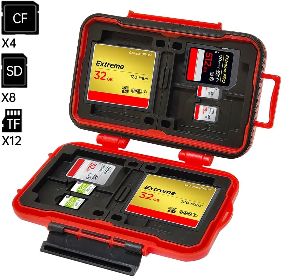 LYNCA 24 Slots Camera Memory Card Case Holder Water-Resistant Anti-Shock SD Card Case Holder Wallet for 8 SD Cards 4 CF Cards 12 Micro SD/TF Cards Storage Box, Compact Memory Cards Wallet (Red)