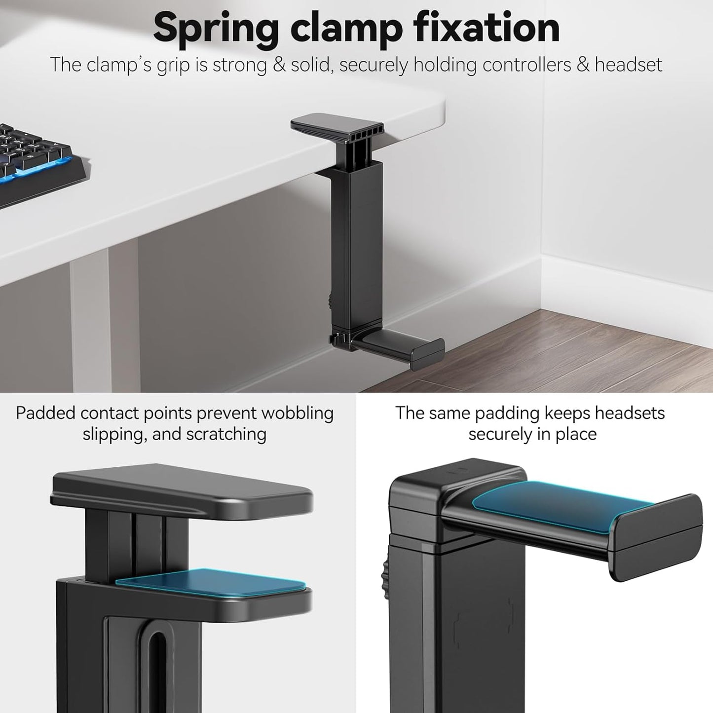 Headphone Stand Under-Desk or Headset Holder Above-Desk, Headphone Hanger & Headset Hook Under Desk Mount with Spring Clamp & Height Adjustable & Cable Clip for Gaming Gift Accessories