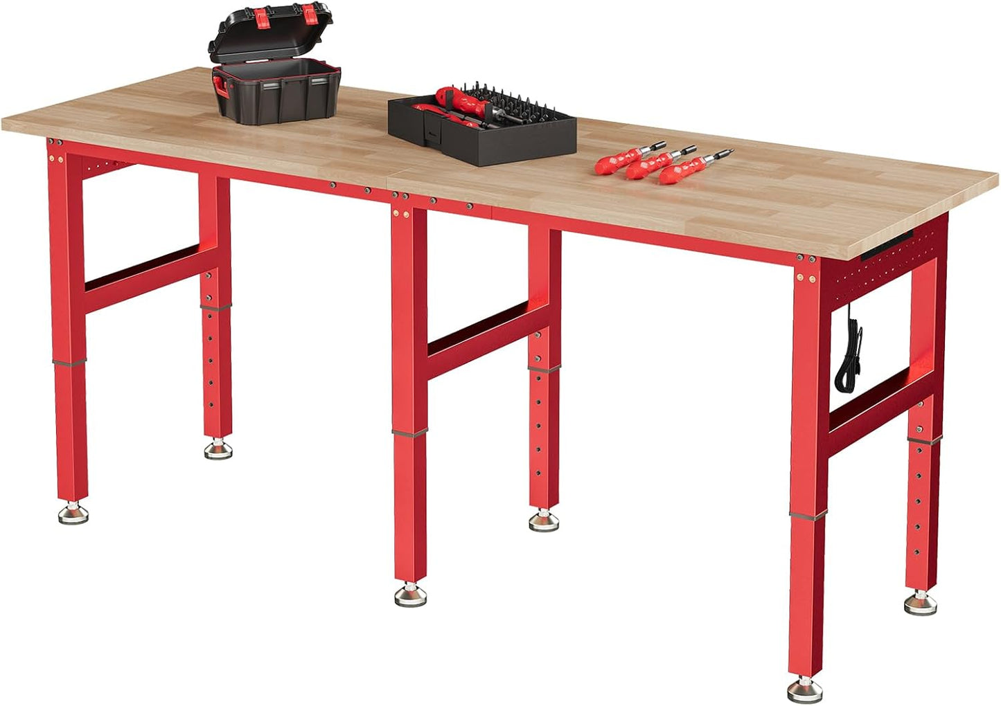SPECRAFT 72" Red Adjustable Heavy Duty Workbench with 4 AC Outlet and 2 USB Ports Power Outlets, 6000 Lbs Capacity, Rubber Wood Top for Garage, Workshop, Office