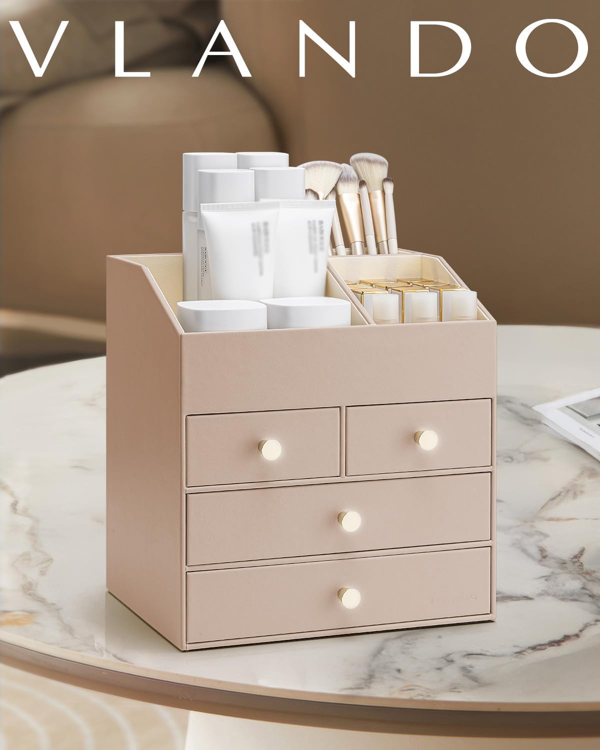 Vlando Makeup Organizer Countertop,Large Vanity Organizer PU Leather Make up Storage with 4 Drawers Skin care Organizer Cosmetic Display Case for Lipstick,Brushes,Bedroom-Toffee