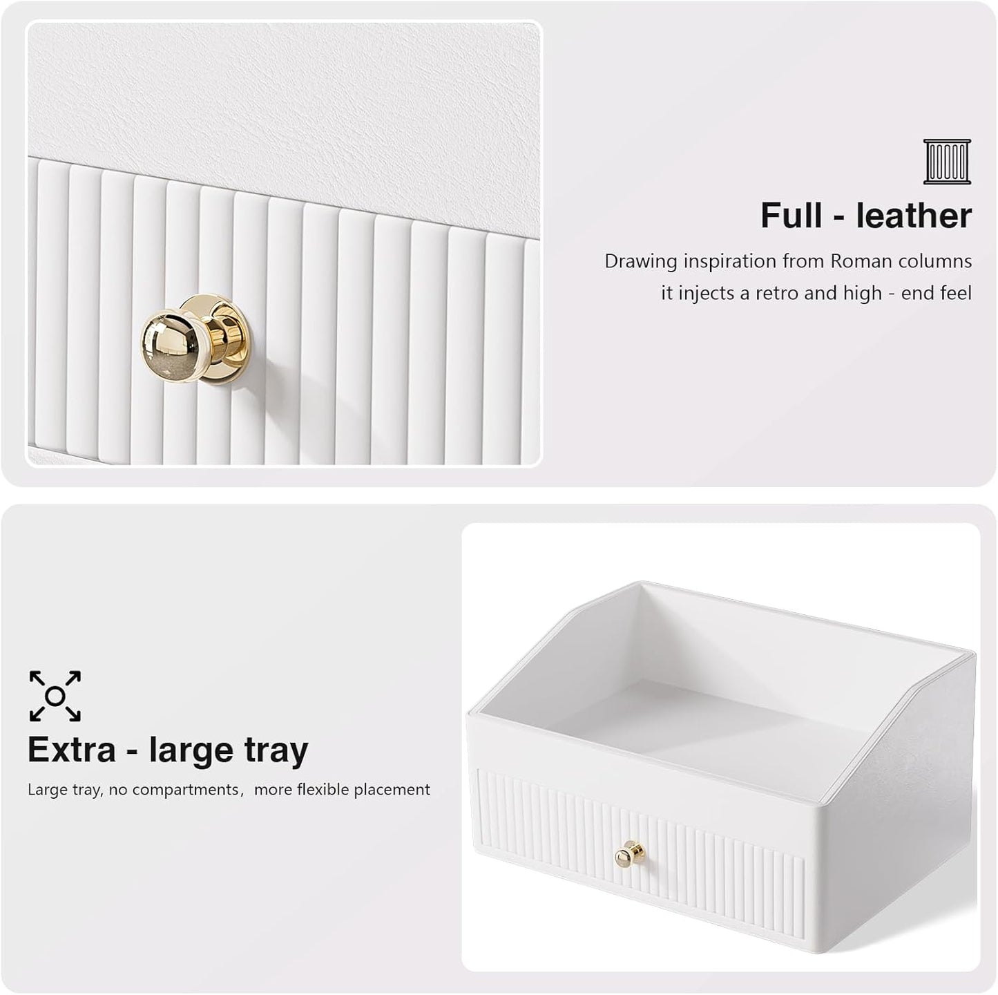 Office Desk Accessories,Beige White Vegan Leather Office Organizer with 1 Drawer & Tray,Pen Holder with Gold-Tone Metal Accents Knob for End Tables,Bedside Table,Bedroom.