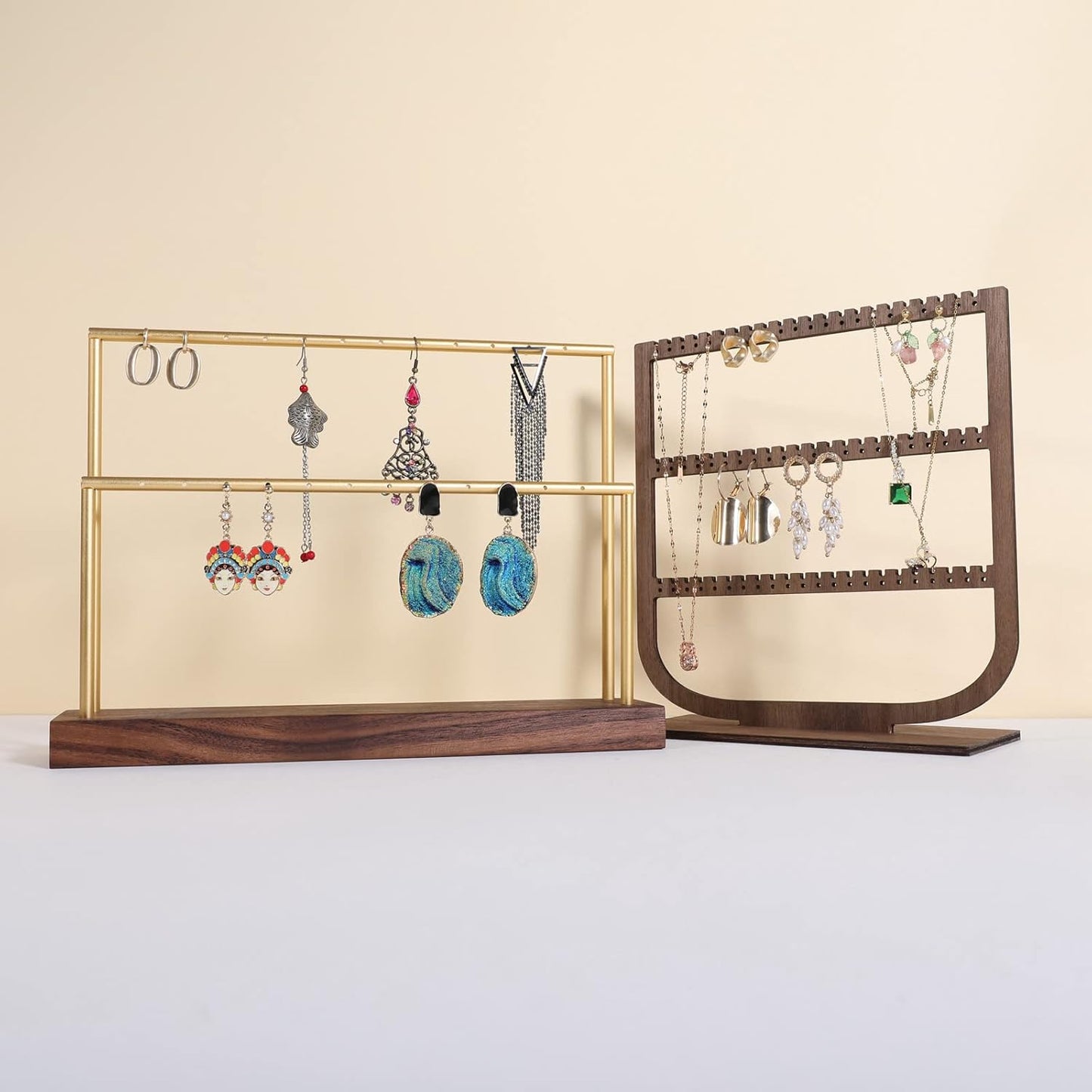 GemeShou wooden earring holder organizer for girls, walnut stud earring display stand for boutique store, jewelry storage organizer shelf【Walnut stand-Two Tiers】