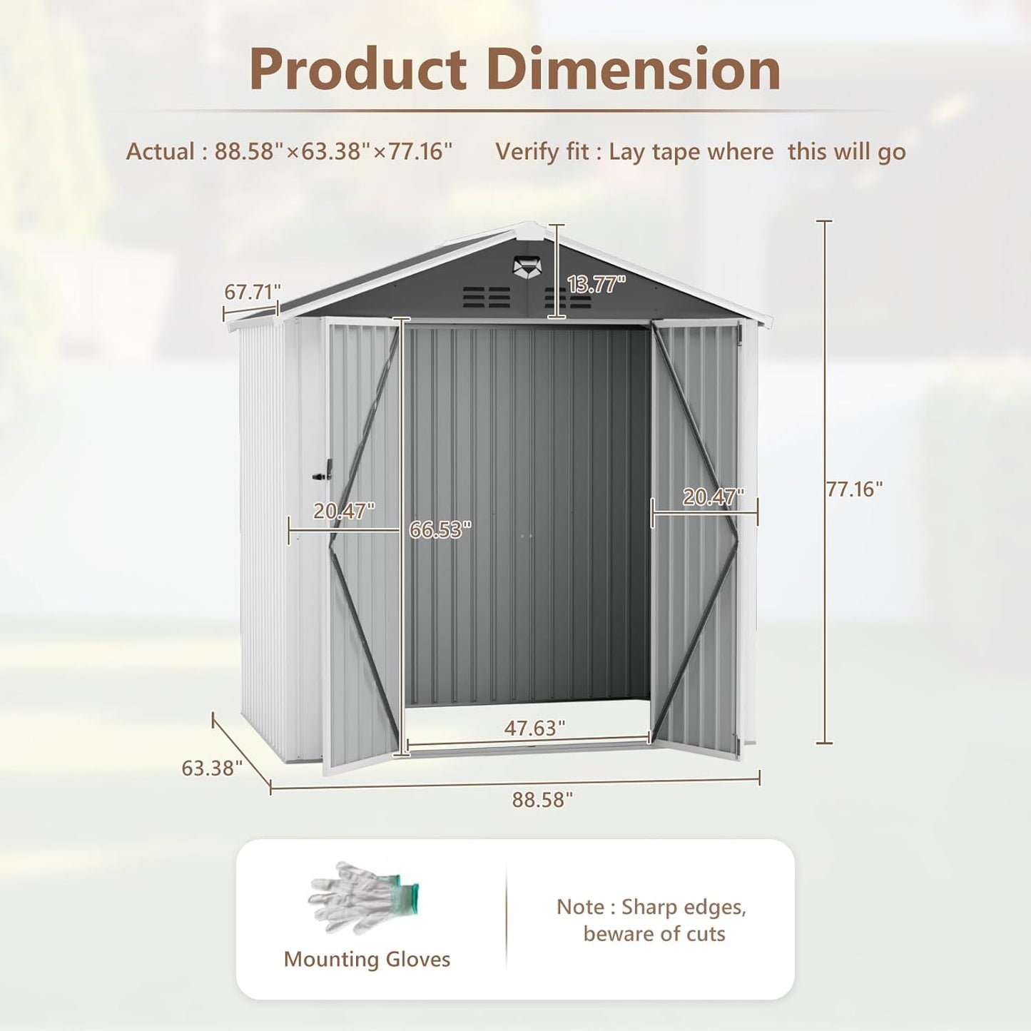 8X6 FT Outdoor Storage Shed, Metal Garden Shed - Tool Storage Sheds with Lockable Doors, Waterproof Outside Storage Building for Backyard, Patio (White; Floor Not Included)