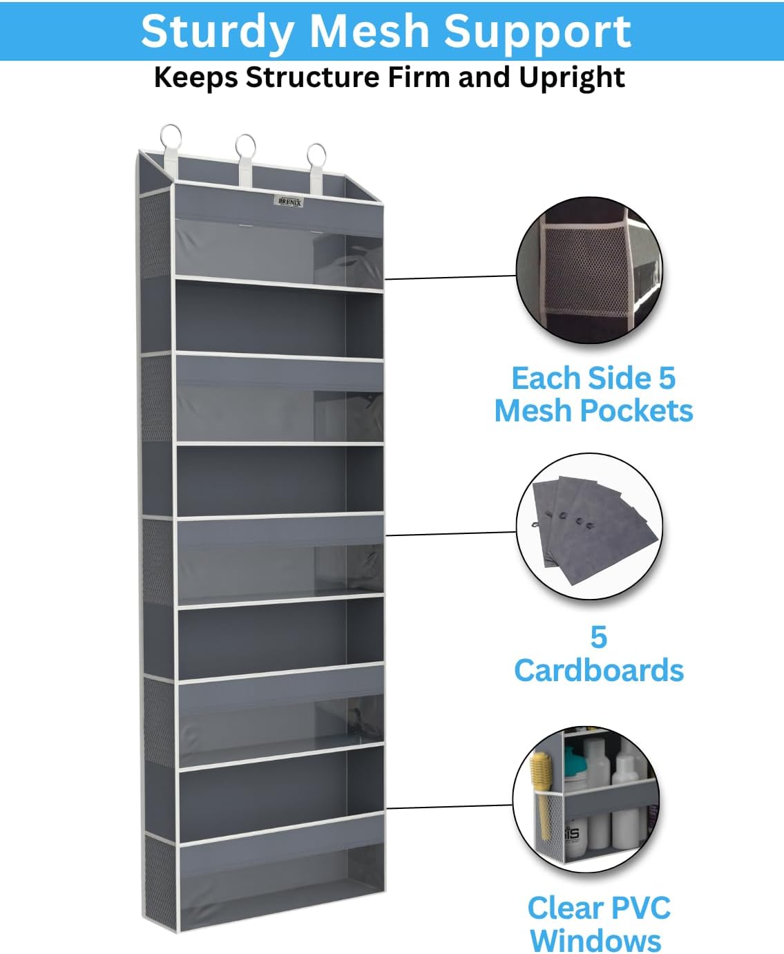 Over the Door Organizer with 5 Large Pockets & 10 Mesh Side Pockets – Durable Hanging Storage for Closet, Bathroom, Bedroom, and Nursery– Space Saving Door Storage with Sturdy Metal Hooks.