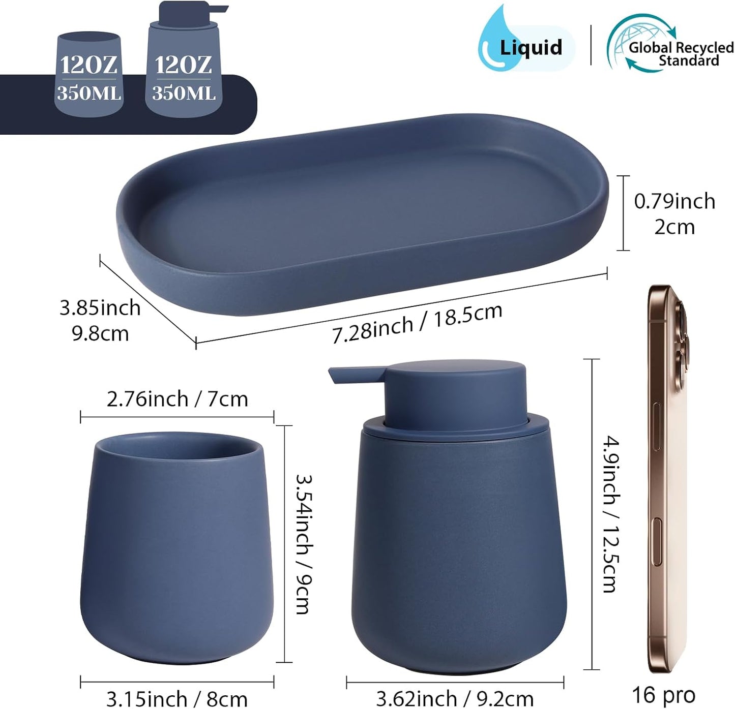 INGOFIN 3 Pcs Ceramic Bathroom Accessory Set - Liquid Soap Dispenser, Toothbrush Holder & Tray, Bathroom Counter Set, Countertop Essentials for Home, Guest Bathroom, or Office Use, Matte Blue