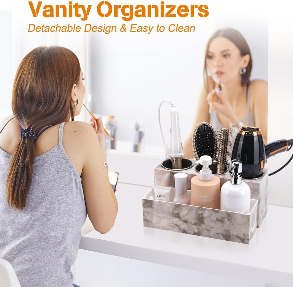 Marble Hair Tool Organizer - Bathroom Vanity Storage for Hot Tools, Hair Dryer, Curling Iron, Flat Iron & Straightener