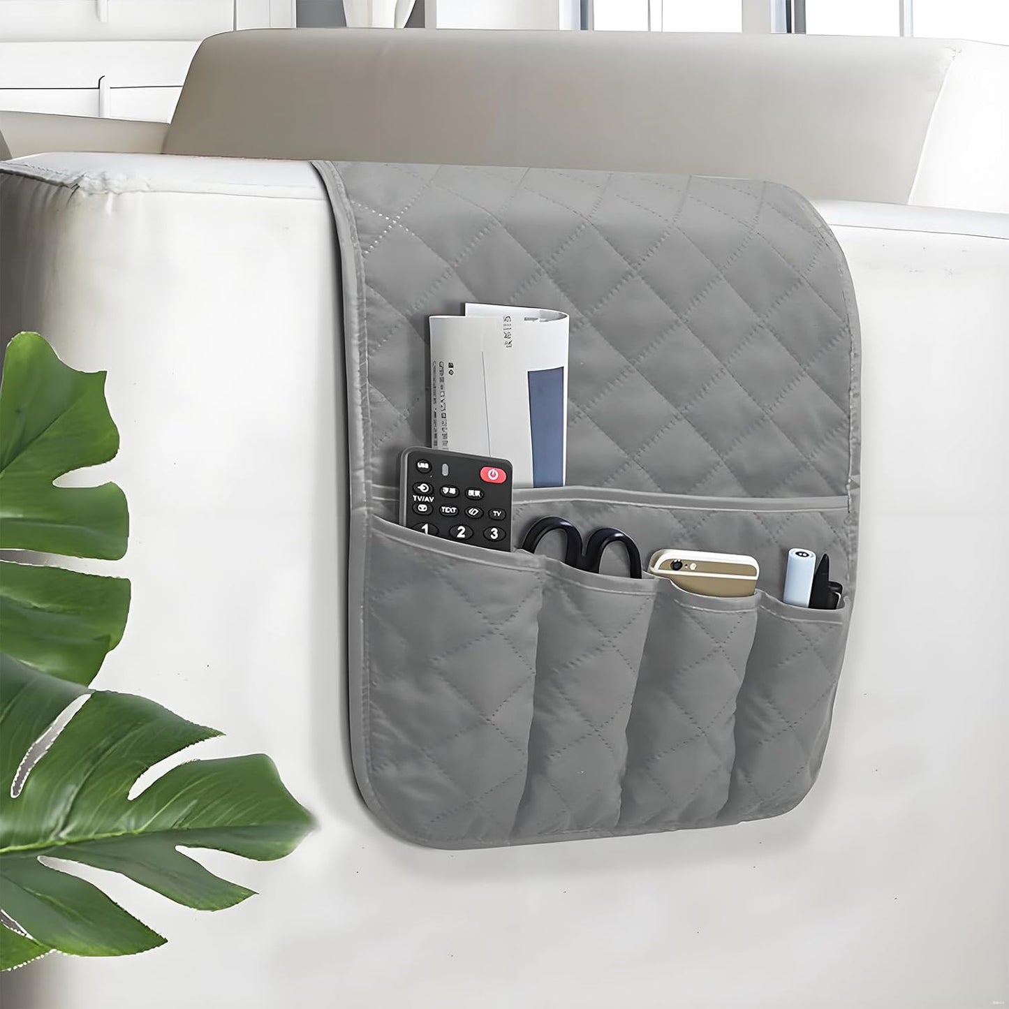 Sofa Armrest Organizer Non-Slip Arm Chair Bedside Storage Caddy Organizer Armchair Caddy for Recliner Couch Remote Holder with 5 Pockets for Cell Phone TV Remote Control Magazines(Grey)