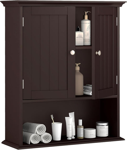 Tangkula Bathroom Wall Cabinet, Wooden Hanging Storage Cabinet with Doors & Shelves, Multipurpose Storage Cabinet for Restroom Kitchen Living Room, Wall Mounted Bathroom Medicine Cabinet (Brown)