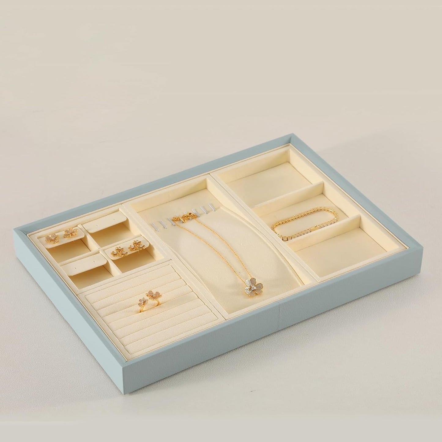 Dark Blue Jewelry Display Tray Ring Necklace Earring Bangle Organizer Multifunctional Storage Case for Jewelry Showcase (Long Necklace Tray(beige))
