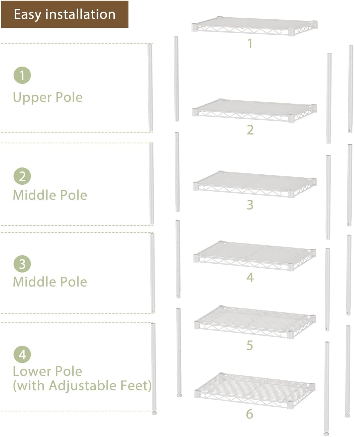SINGAYE 6 Shelves Storage Shelf Wire Closet Bathroom Organizers Metal Pantry Kitchen Small Garage Shelving Unit Laundry Room Organization Home Corner Rack Estantes para Cocina White 10" Dx16 Wx60”H