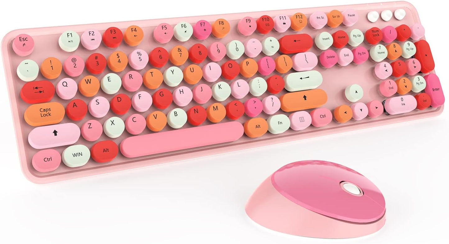 KOOTOP Cute Pink Wireless Keyboard and Mouse, 2.4G Retro Round Keycap for PC, Mac, Laptop, Tablet, Computer Windows