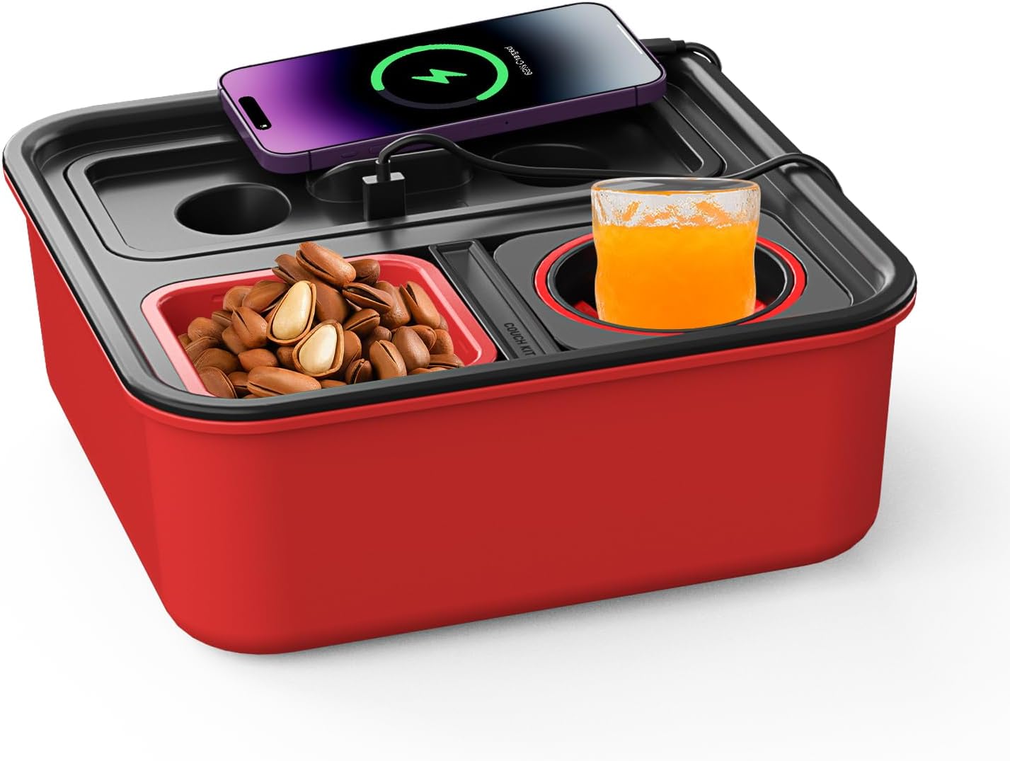Couch Tray with Wireless Charging, Couch Cup Holder Tray Sofa Caddy with Self Balancing Cup Holder & Snack Cup, Couch Organizer, Couch Arm Table for Bed, Car, Travel, Gaming Red